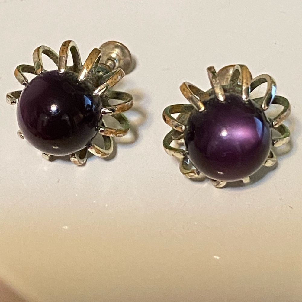 Vintage Purple & Silver Sunburst Screw back Clip on Earrings